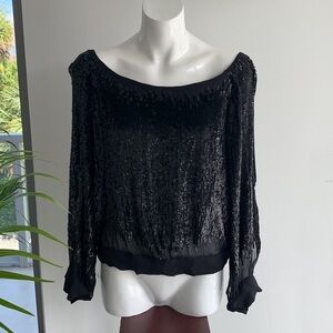Basix 2 shine sequin 100% silk top- blouse in black, off-the-shoulder, size 14